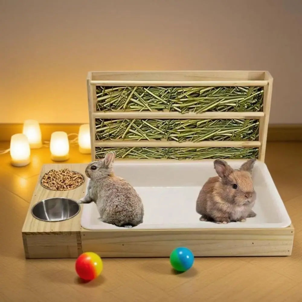 Wooden Rabbit Hay Feeder with Litter Box