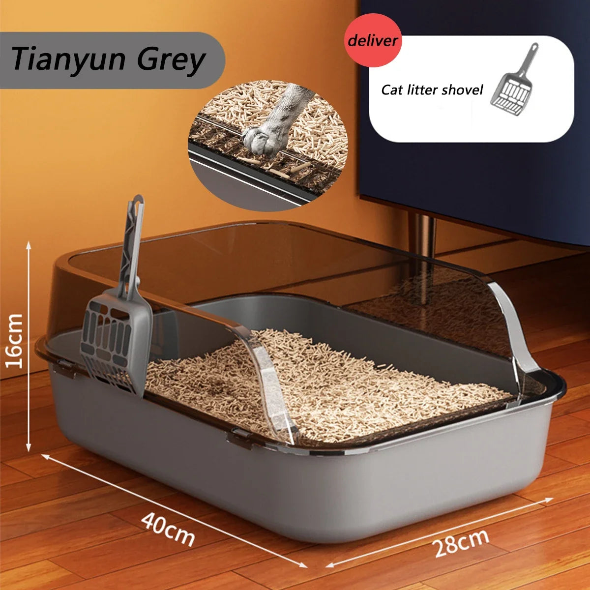 Semi-Enclosed Splashproof Cat Litter Box with Scoop