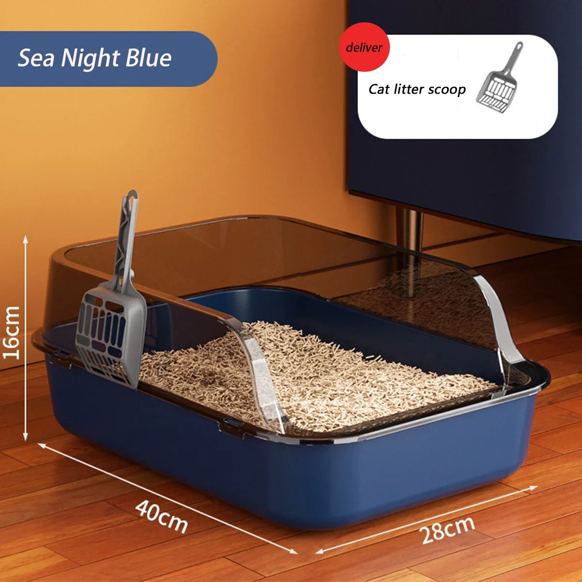 Semi-Enclosed Splashproof Cat Litter Box with Scoop