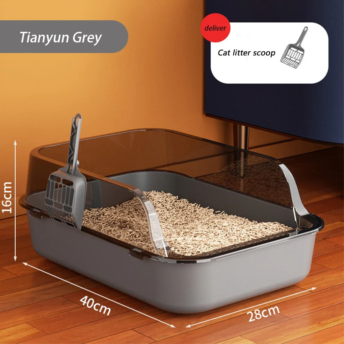 Semi-Enclosed Splashproof Cat Litter Box with Scoop