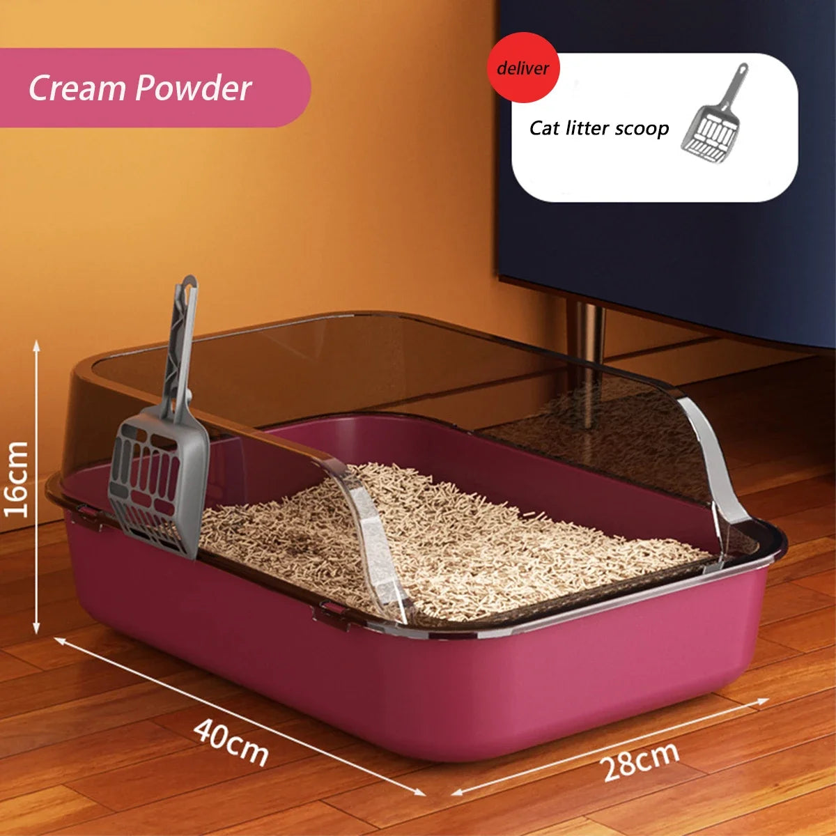 Semi-Enclosed Splashproof Cat Litter Box with Scoop